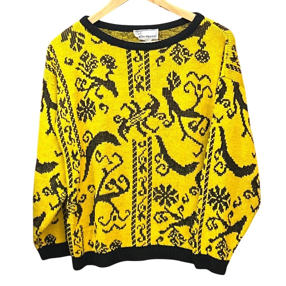 Vintage Knit Maven Sweater Yellow Black Intarsia Graphic Retro Maximalist Funky